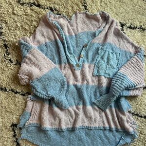 Free People Pink & Light Blue Striped V-Neck Knit Sweater